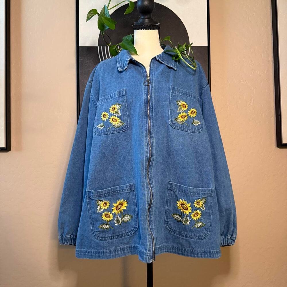Vintage 90s Sunflower Embroidered Denim Chore Barn Jacket XL